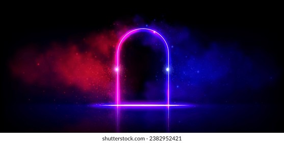 Marco de la puerta del arco con efecto neón brillante y vapor. Marco luminoso de gradiente rosa y violeta rodeado de niebla y brillantes destellos. Ilustración vectorial realista de portal iluminado o entrada de escenario