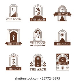 Arch door logo. Linear frame luxury gate entrance icons, vintage arc doors classic line symbols with boho mystic spiritual esoteric symbols. Vector arches set.