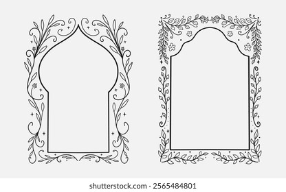 Arch floral border. mughal floral line art and silhouette style. vector illustration for invitation, poster or greeting ramadan kareem