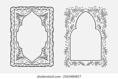 Arch floral border. mughal floral line art and silhouette style. vector illustration for invitation, poster or greeting ramadan kareem