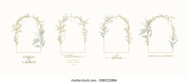 Arch floral frame for invitation design with leaves, gold geometric frame and watercolor brush strokes. Logo design template and monogram concept.