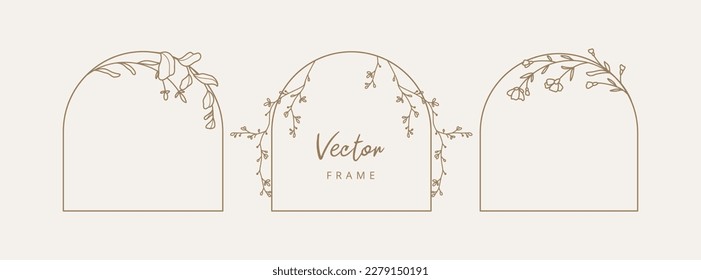 Arch frame with flowers and leaves In trendy linear style. Collection of vector minimal templates. Botanical illustration for label, wedding invitation, save the date, design, logo, monogram 