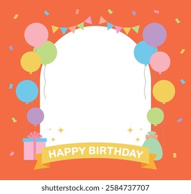 Arch frame illustration on a birthday party concept background. There are balloons, gifts, ribbon labels and garlands.
