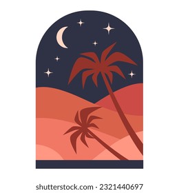 Arch frame. Oriental muslim window, arabic winding frame with palm trees and night sky flat vector illustration