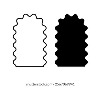 Arch frame and shape with scalloped borders. Curvy archways with frilly edges. Windows or mirrors, portals or gates, empty boxes or tags isolated on white background. Vector graphic illustration.