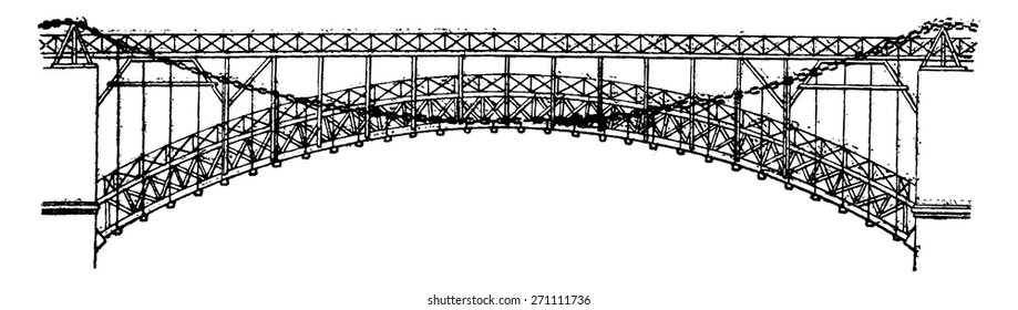 Arch and gateway service of El Kantara bridge, vintage engraved illustration. Industrial encyclopedia E.-O. Lami - 1875.