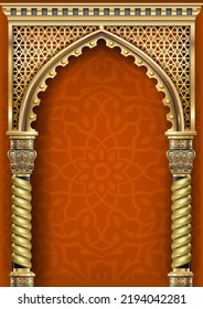 Arch of gold in the oriental style with Arabic traditional ornaments in vector graphics.