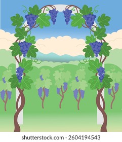 Arch with grape vine on background of vineyards and mountains flat vector