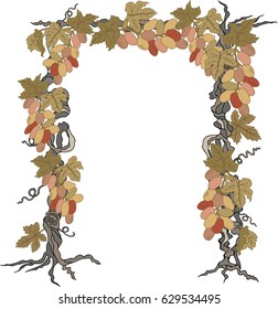 Arch with hand drawn grapes. Grapevine. Design element isolated on white background. Vector.
