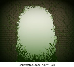 arch or hole in brick wall with plant and liana, ruin in the forest or thicket garden, old brick wall with plant, vector