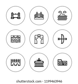 Arch icon set. collection of 9 outline arch icons with arc, brandenburg gate, bridge, colosseum, salty desert, tower bridge icons. editable icons.