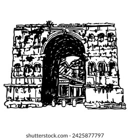 The Arch of Janus in Rome, Italy. Ancient Roman historical architectural monument. Hand drawn linear doodle rough sketch. Black and white silhouette.