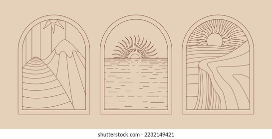 arch, line art in boho style, minimalism, window, landscape, sun, slopes, sea
