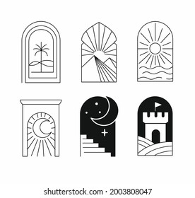 Arch logos in linear style. Palm and nature vector