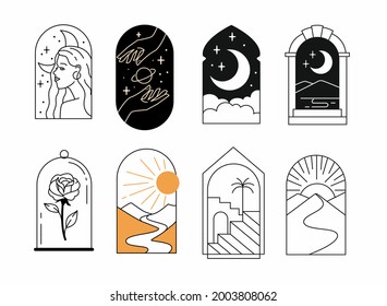 Arch logos in linear style. Rose and sun