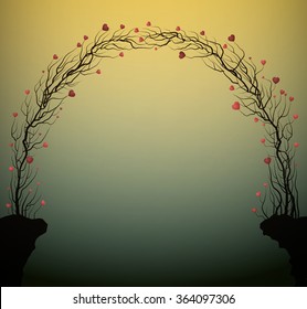 arch of the love tree, valentine`s arch, plant like arch with red hearts, marriage symbol, vector