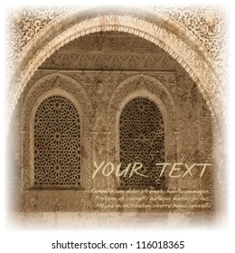 Arch Moorish windows with ornamental details. Alhambra palace in Granada, Spain. Grunge architectural background, fully editable vector