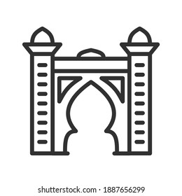 Arco de estilo oriental con columnas, icono lineal. Línea con trazo editable