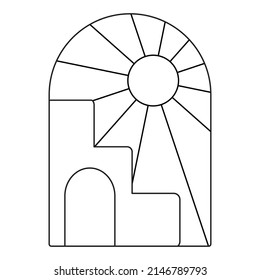 Arch outline logo. Sun and step building. Boho emblem. Bohemian sign. Elegant minimal badge for branding. Customizable linear contour symbol. Editable stroke. Isolated vector stock illustration