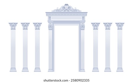 Arch and pillar, Roman or Greek architecture. Antique palace with door and column. White temple. Vector classic building. Roman or Greek background, stone arch frame. Pillar column wall. Ancient 3d bg