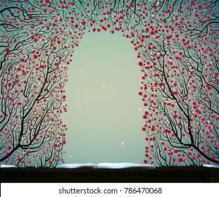 arch with red roses, branches silhouette with red flowers,  flowers cave