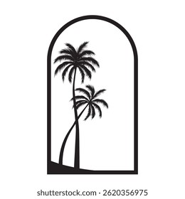 Arch retro badge with silhouettes of palm trees. Vector illustration isolated on white background