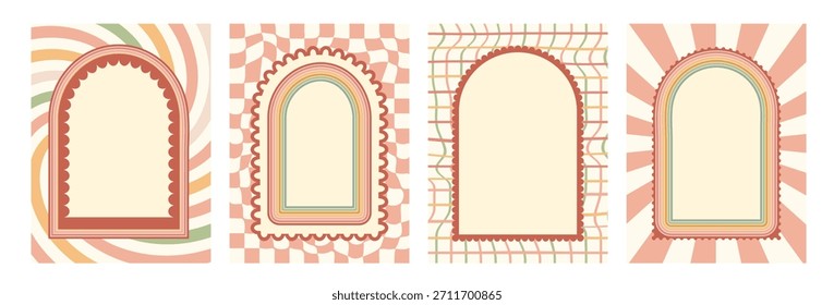 Arch scallop frames on pinwheel banner set. Wavy edges doodle templates. Wave arc borders background. Poster invitation blank with door portal elements and rainbow stripes bg. Vector illustration.