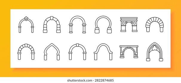 Arch set icon. Decorative gateway, stone structure, architectural entrance, classical monument, curved passage, historic landmark, ornamental frame, cultural heritage, ceremonial portal