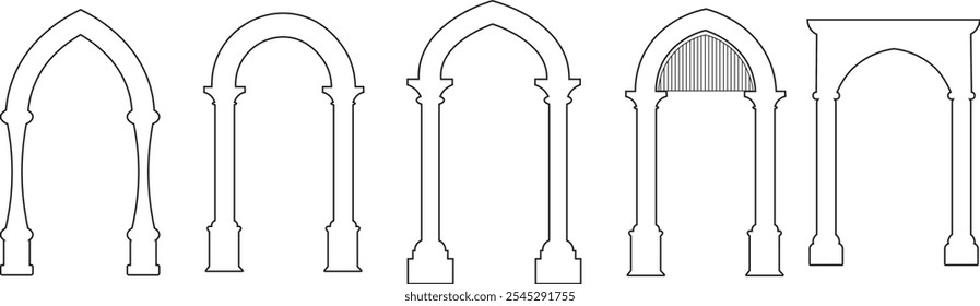 Symbole für Bogenform festgelegt. Vorlage Bogen Hochzeit Einladungen Laserschnitt Einladung Menü Platz Karte Vektor Sammlung. Traditionelle Architektur Fenster und Türen. Böhmische zeitgenössische Grenzen für Esoterik.