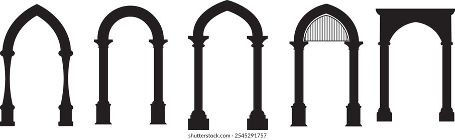 Conjunto de iconos de forma de arco. Arco de Plantilla Invitaciones de Boda Menú de invitación de corte láser Coloque la tarjeta de colección de Vector. Ventanas y puertas de arquitectura tradicional. Fronteras contemporáneas bohemias para esotérico.