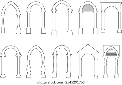 Arch Shape icons set. Template arch Wedding invitations laser cut invitation menu place card vector collection. Traditional architecture windows and doors. Bohemian contemporary borders for esoteric.