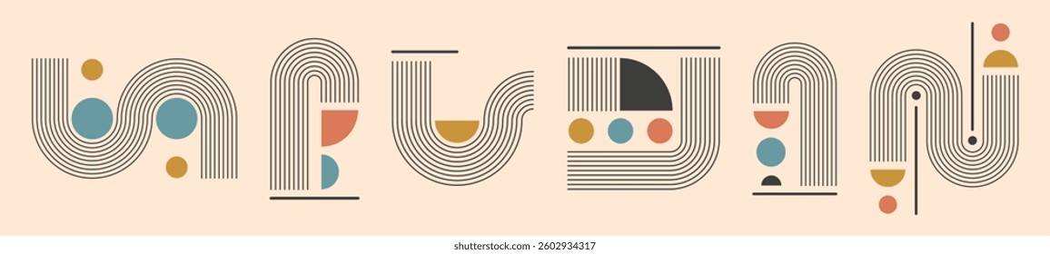 Arch shaped blocks, lines and geometric shapes in retro colors. Minimal design elements set. Abstract mid century modern art composition. Elegant arc, curves and rounds. Aesthetic trendy vector.