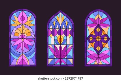 Arch stained glass windows. Church mosaic windows, cathedral stained glasses. Decorative glass windows flat vector illustration set