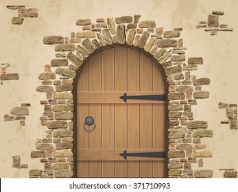 Arch of stone with closed wooden door. Entrance to the wine cellar. Vector illustration.