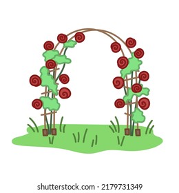 Arch trellis with bush red roses. Garden decoration. Hand drawn illustration in cartoon style. Vector isolated on white background.