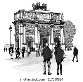 Arch of triumph Carousel and Tuileries garden in Paris - vector illustration