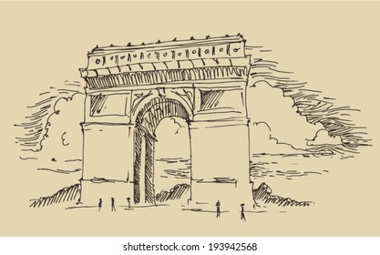  Arch of Triumph, Paris, France, city architecture, vintage engraved illustration, hand drawn