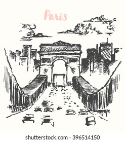 Arch of Triumph, Paris, France, city architecture, vintage engraved illustration, hand drawn