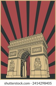 Arco de triunfo, símbolo de París, plantilla de afiches estilo de propaganda de arquitectura clásica retro 