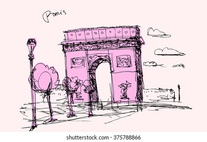 Arch of Triumph /  Paris, vintage vector engraved illustration, hand drawn.