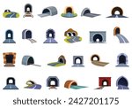 Arch tunnel icons set cartoon vector. Road car entrance. Underpass freeway