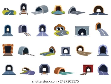 Iconos de túnel de arco conjunto vector de dibujos animados. Entrada de coche de carretera. Autopista subterránea