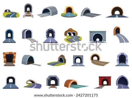 Arch tunnel icons set cartoon vector. Road car entrance. Underpass freeway