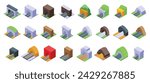 Arch tunnel icons set isometric vector. Road travel entrance. Track rock hill
