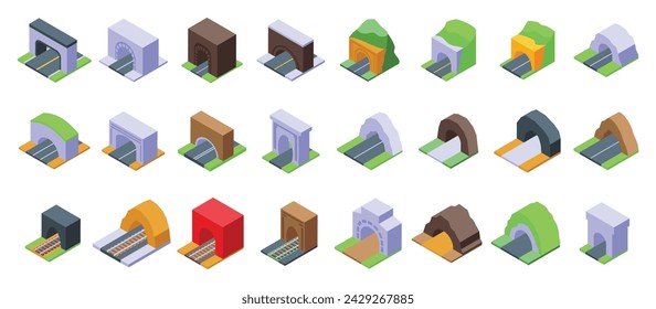 Los iconos del túnel de arco establecen el vector isométrico. Entrada de carretera. Pista de montaña de roca