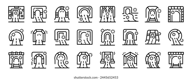 Arch tunnel icons set outline vector. Road travel. Track railroad hill