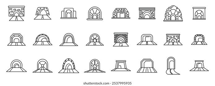 Ícones de túnel de arco definidos. Conjunto de ícones de túneis que representam várias entradas e saídas para estradas e ferrovias, apresentando diferentes estilos arquitetônicos e construções