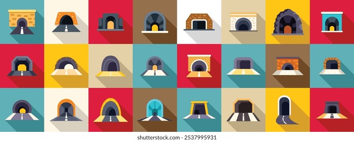 Conjunto de iconos de túnel de arco. Conjunto de iconos de túnel que muestran pasajes de metro de carretera o ferrocarril, pasaje subterráneo, mina, cueva Ilustración vectorial plana