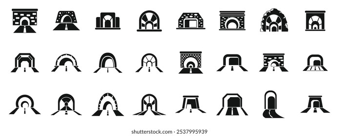 Conjunto de iconos de túnel de arco. Varios iconos de túneles de carretera que representan pasajes subterráneos para el transporte, incluidos túneles de automóviles, túneles de trenes y túneles de metro