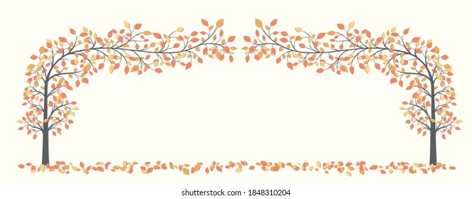 Arch of two autumn trees with red and yellow leaves on a light background